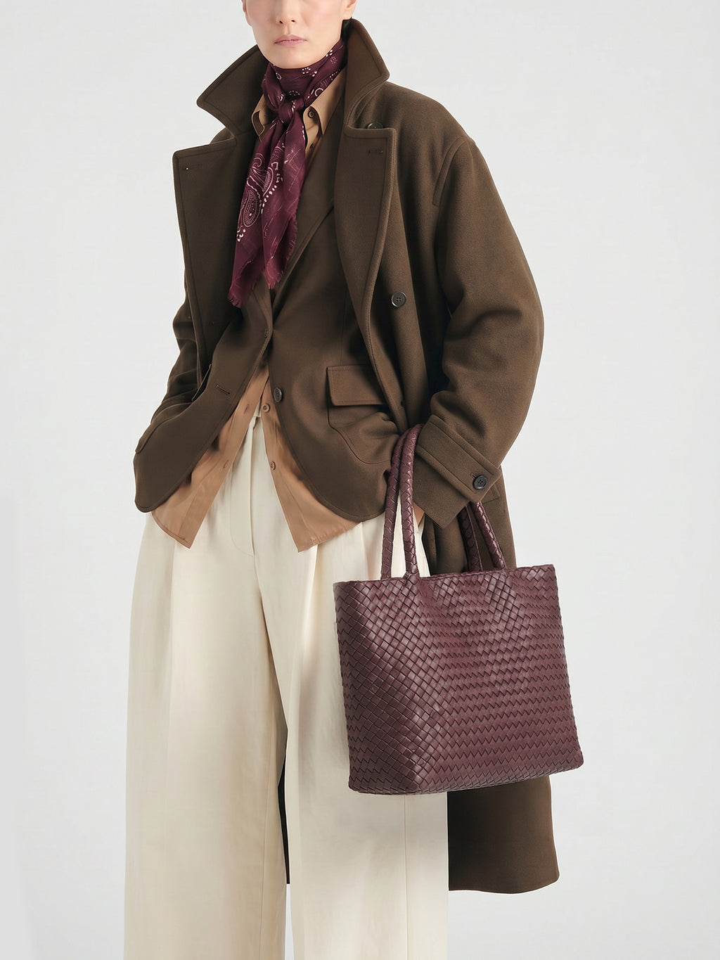 OC CLASS 48 - Burgundy Woven Leather tote bag - image 2,side view