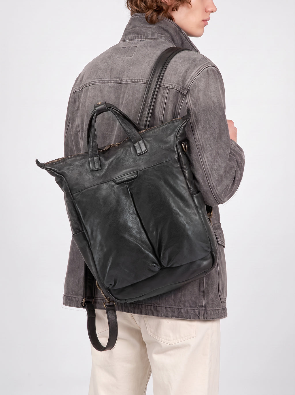 HELMET 055 - Black Leather Backpack - image 2,side view